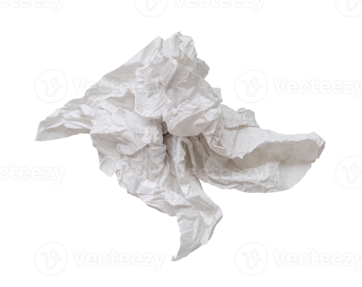 Single screwed or crumpled tissue paper or napkin in strange shape after use in toilet or restroom isolated with clipping path in png file format.