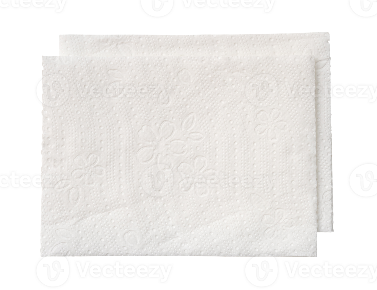 Top view of two folded pieces of white tissue paper or napkin in stack isolated with clipping path in png file format