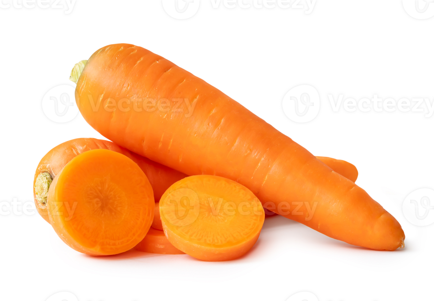 Two fresh orange carrots with slices in stack isolated with clipping path and shadow in png file format, Close up of healthy vegetable root