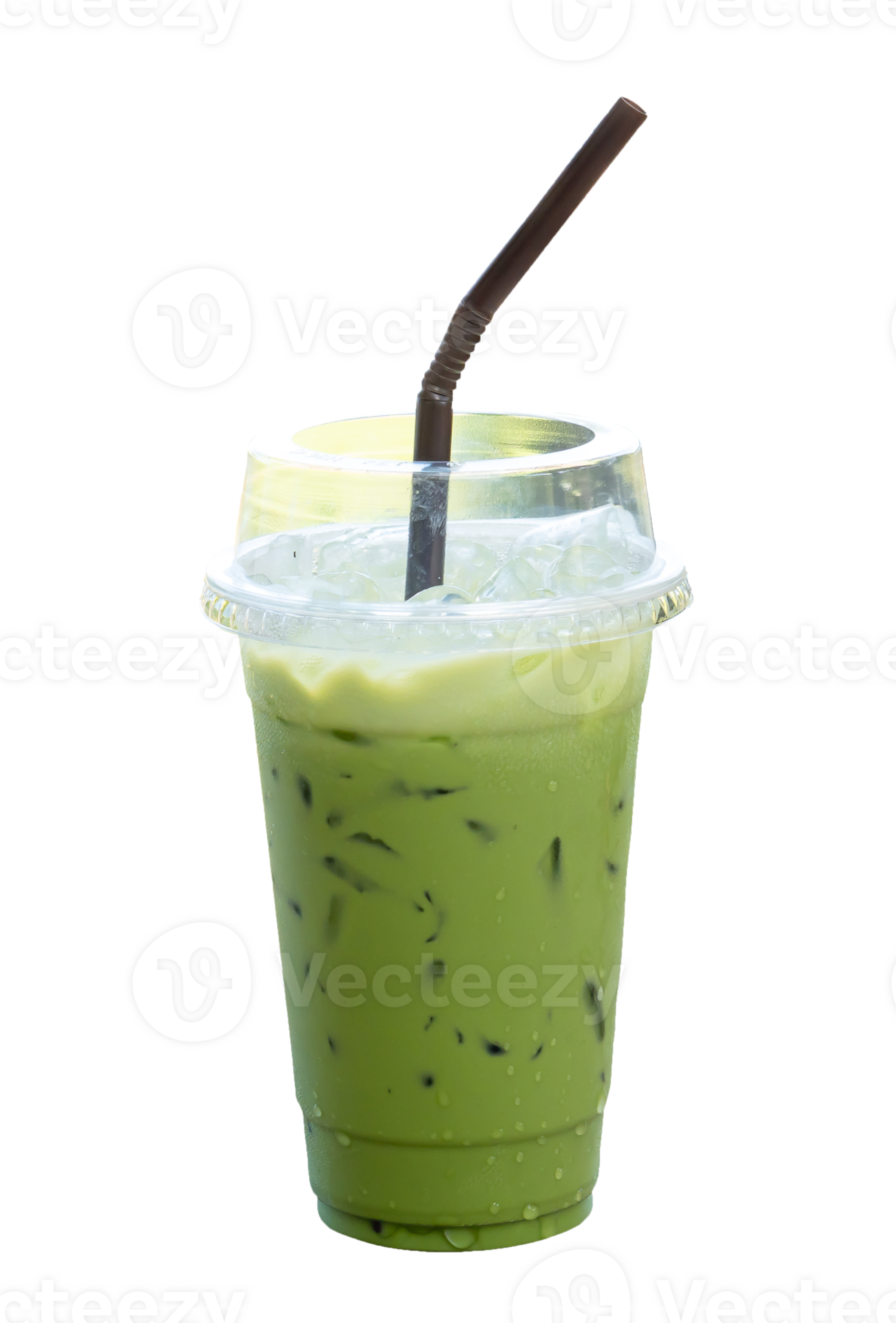 Iced matcha green tea Latte with condensed milk in transparent plastic