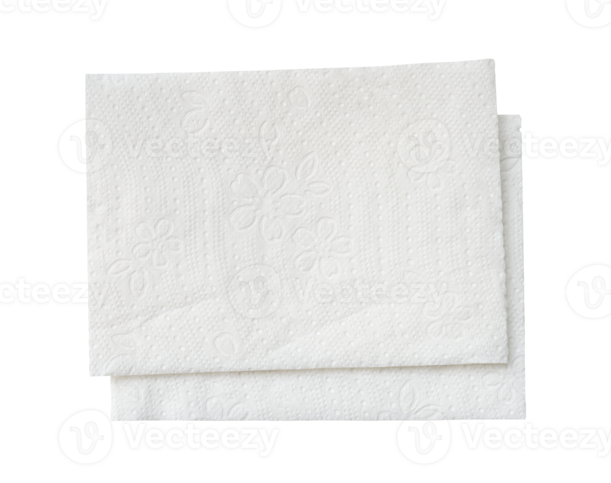 Top view of two folded pieces of white tissue paper or napkin in stack isolated with clipping path in png file format