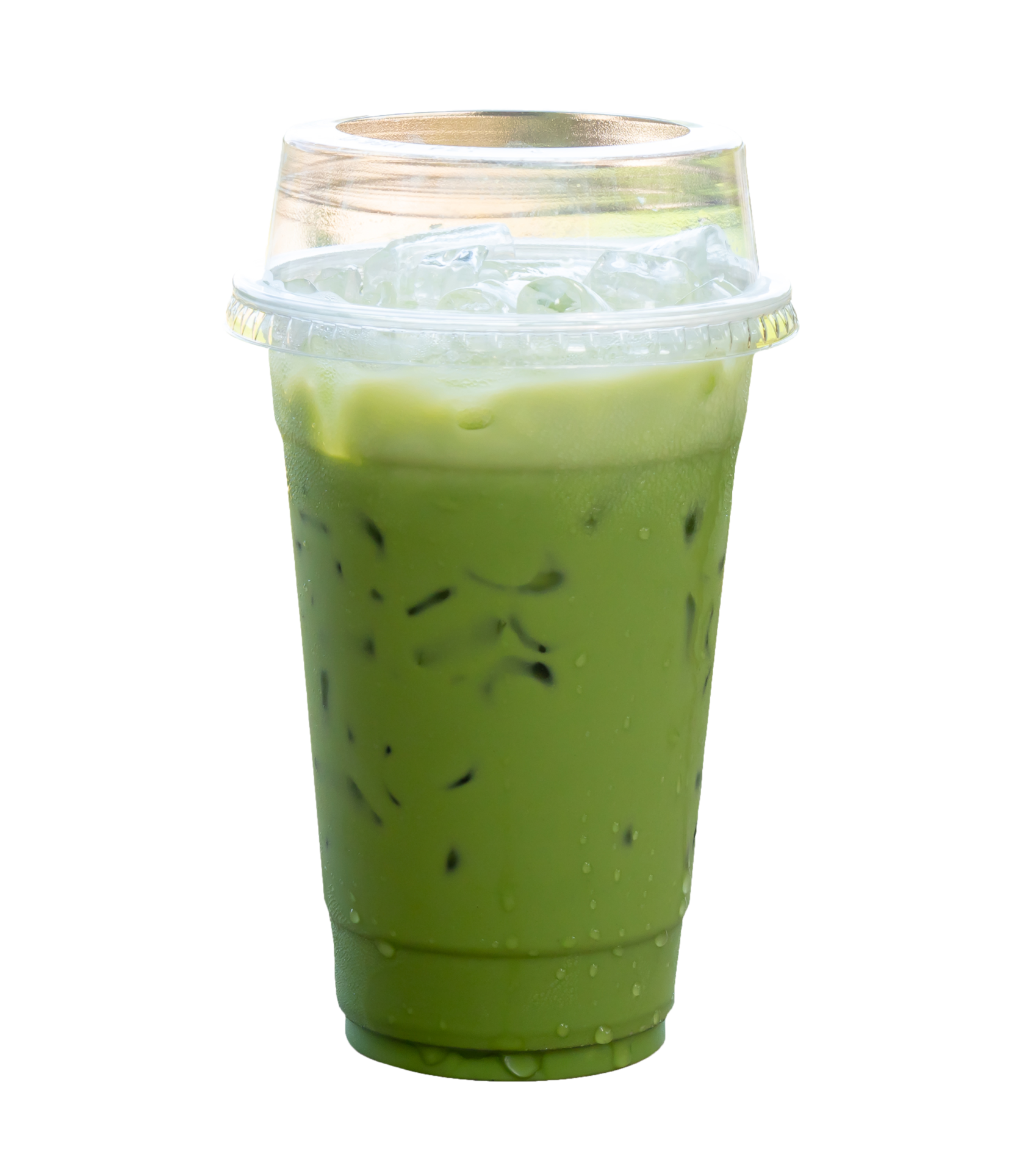 Iced matcha green tea Latte with condensed milk in transparent plastic