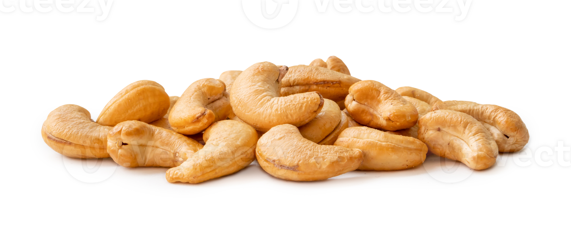 Roasted brown cashew nuts in stack isolated with clipping path and shadow in png file format