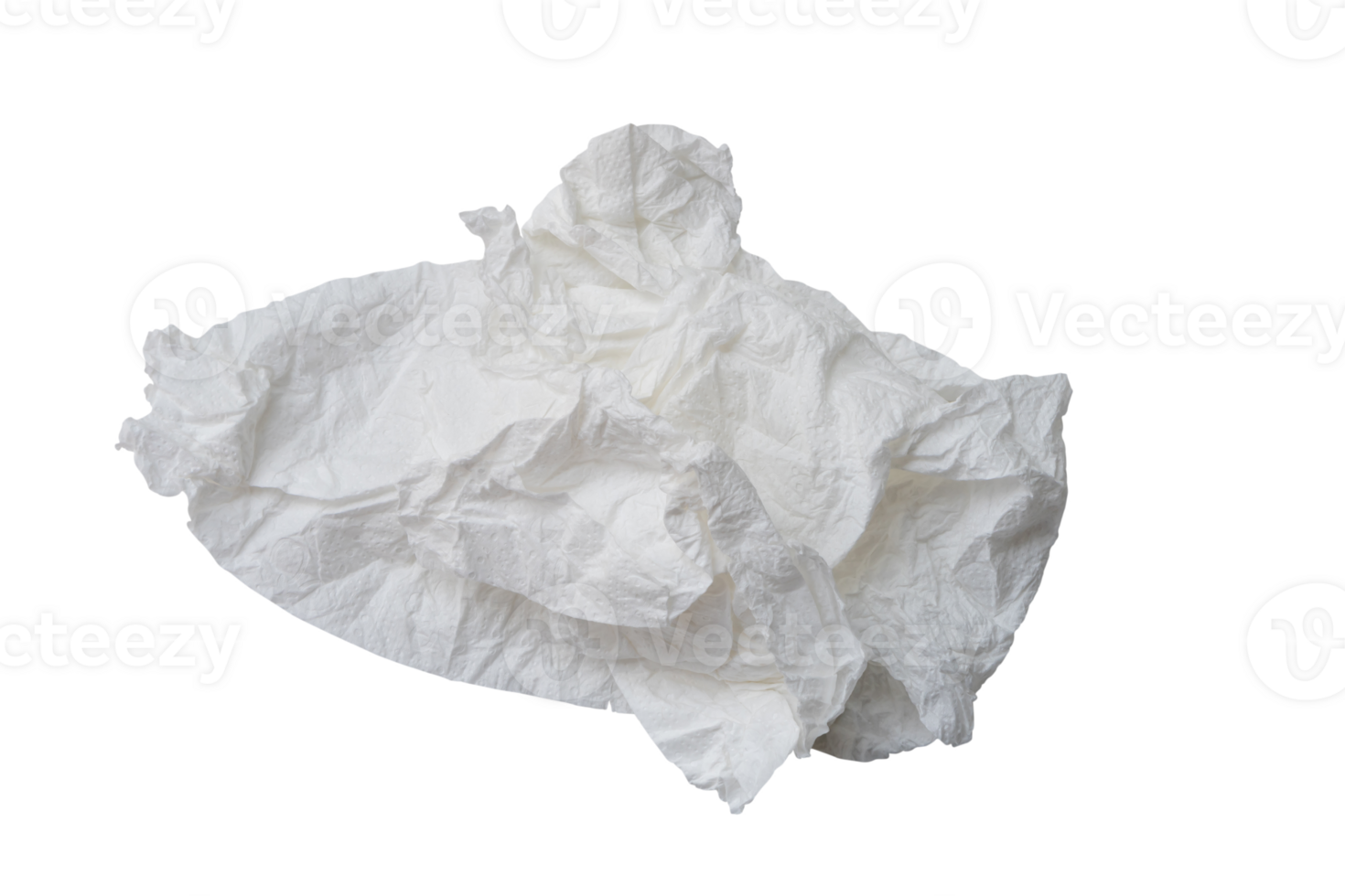 Single screwed or crumpled tissue paper or napkin in strange shape after use in toilet or restroom isolated with clipping path in png file format.