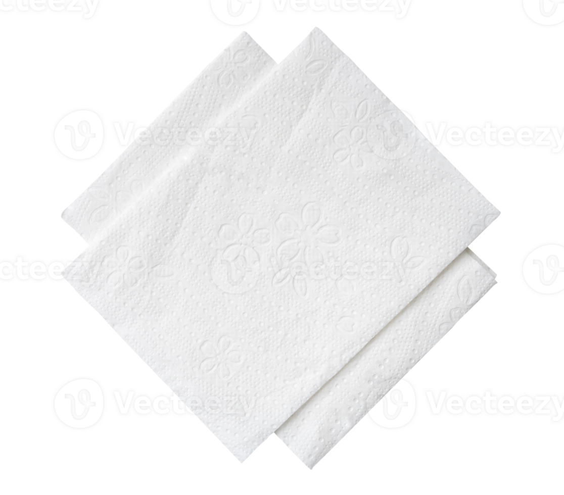 Top view of two folded pieces of white tissue paper or napkin in stack isolated with clipping path. in png file format