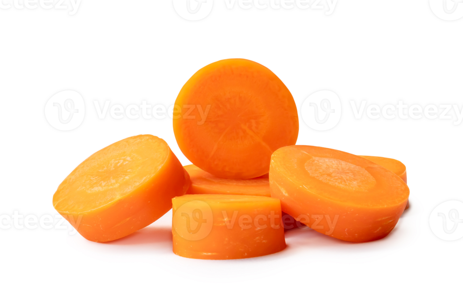 Fresh beautiful carrot slices isolated with clipping path and shadow in png file format Front view.