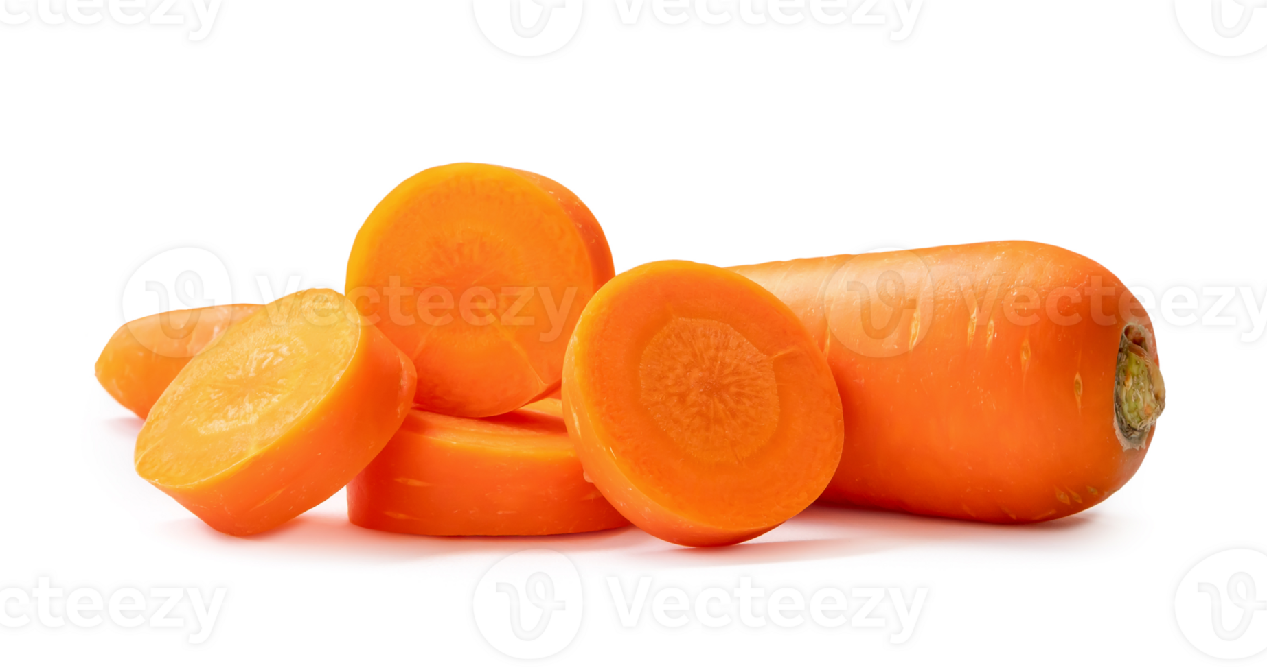Single beautiful fresh orange carrots with slices in stack isolated with clipping path and shadow in png file format Close up of healthy vegetable root