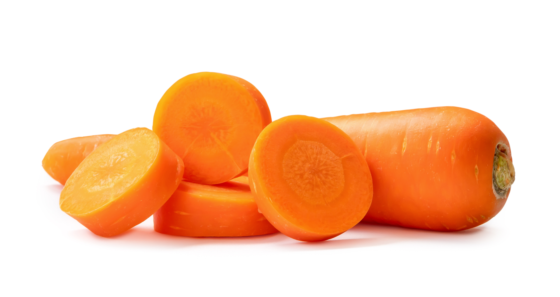 Single beautiful fresh orange carrots with slices in stack isolated with clipping path and