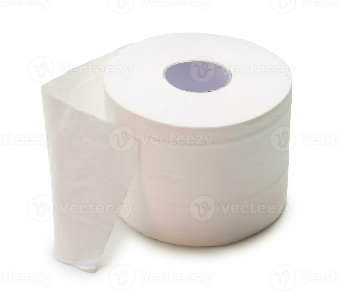 Single roll of white tissue paper or napkin prepared for use in toilet or restroom isolated on white background with clipping path. photo