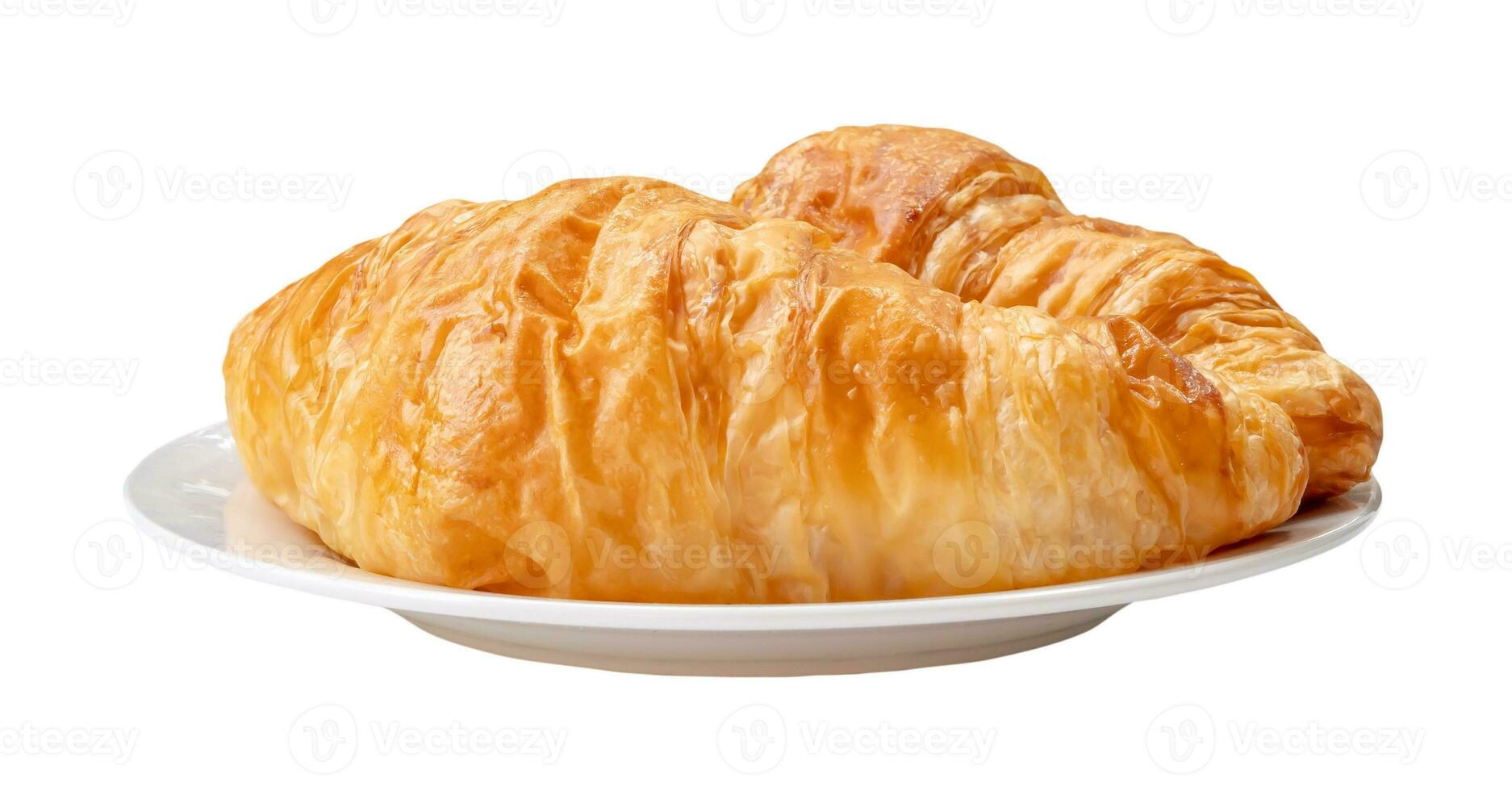 Two pieces of croissant in stack in white plate isolated on white background with clipping path photo