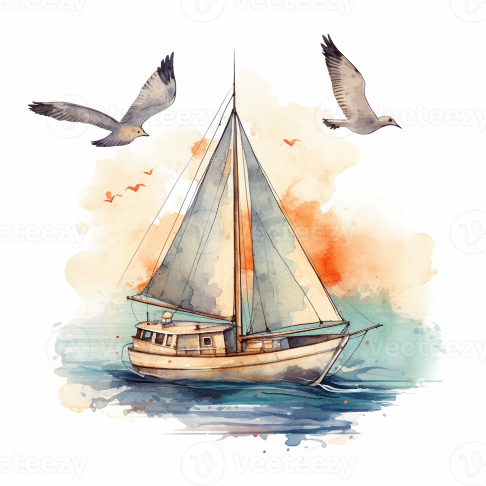 Sailing Boat at Sea. Watercolor png