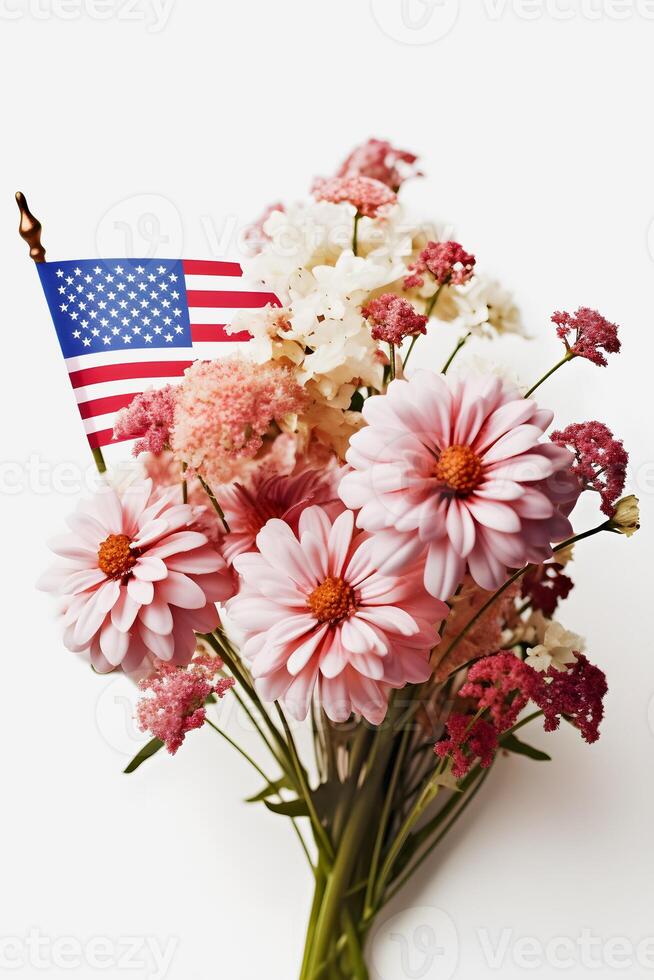 Patriotic Blooms Vibrant American Flag Color Flowers on a White Background with Copy Space photo