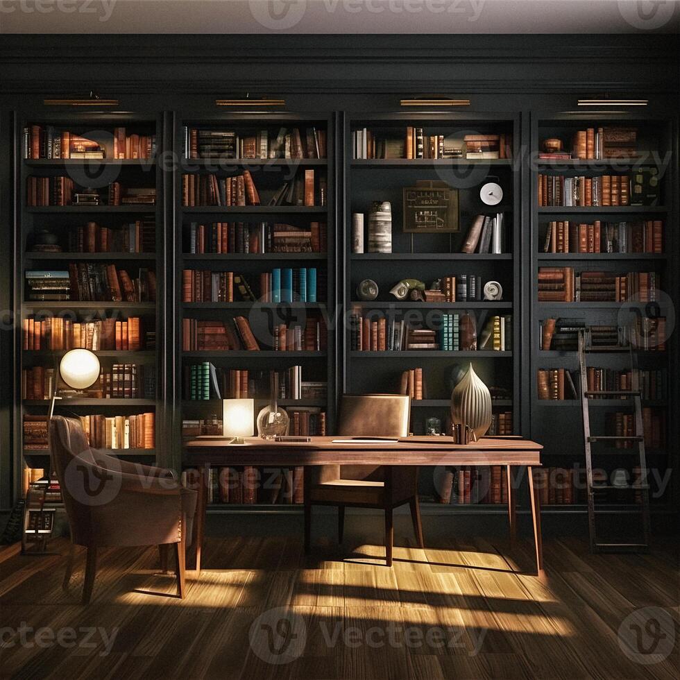 Sleek and Sophisticated A Contemporary Bookshelf with an Elegant Design, Showcasing a Photorealistic Backdrop of a Study Filled with Books photo