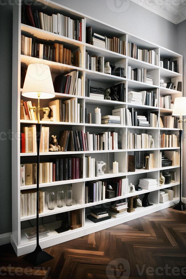 Sleek and Sophisticated A Contemporary Bookshelf with an Elegant Design, Showcasing a Photorealistic Backdrop of a Study Filled with Books photo