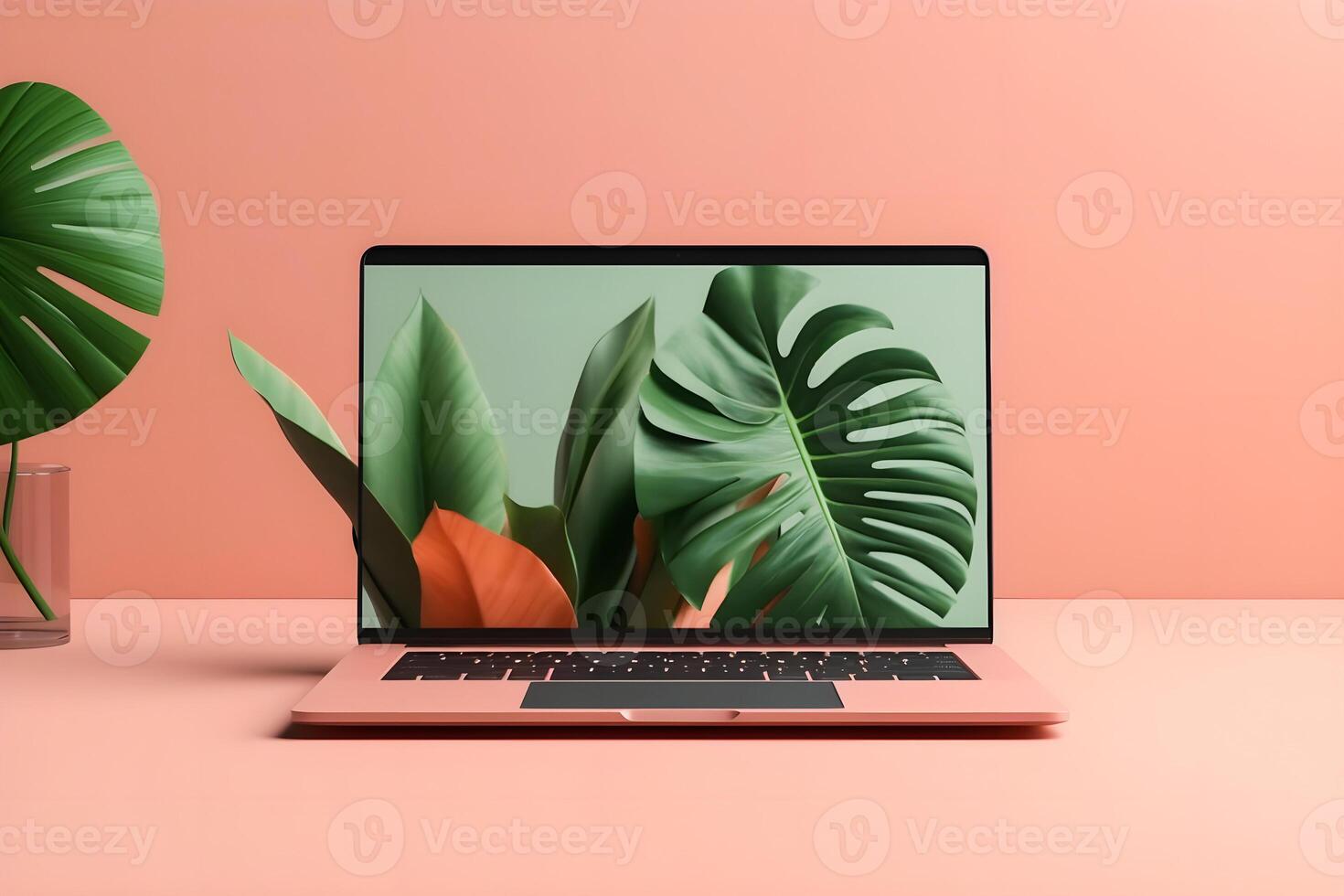 Sleek Laptop Mockup Trendy Background, High Quality and Realistic, Perfect for Marketing photo