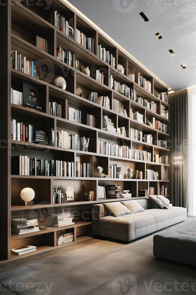 Sleek and Sophisticated A Contemporary Bookshelf with an Elegant Design, Showcasing a Photorealistic Backdrop of a Study Filled with Books photo