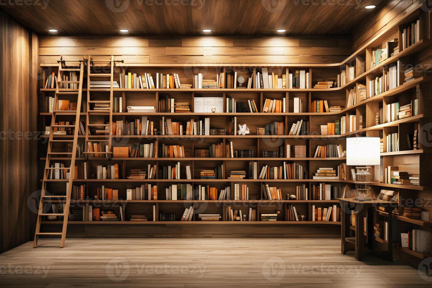 Sleek and Sophisticated A Contemporary Bookshelf with an Elegant Design, Showcasing a Photorealistic Backdrop of a Study Filled with Books photo