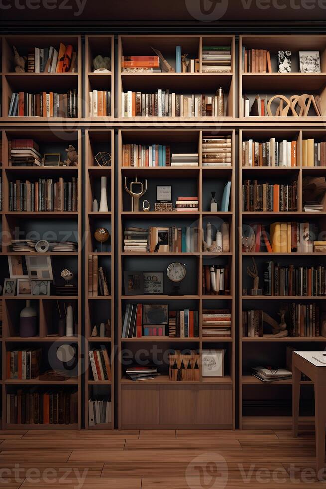 Sleek and Sophisticated A Contemporary Bookshelf with an Elegant Design, Showcasing a Photorealistic Backdrop of a Study Filled with Books photo
