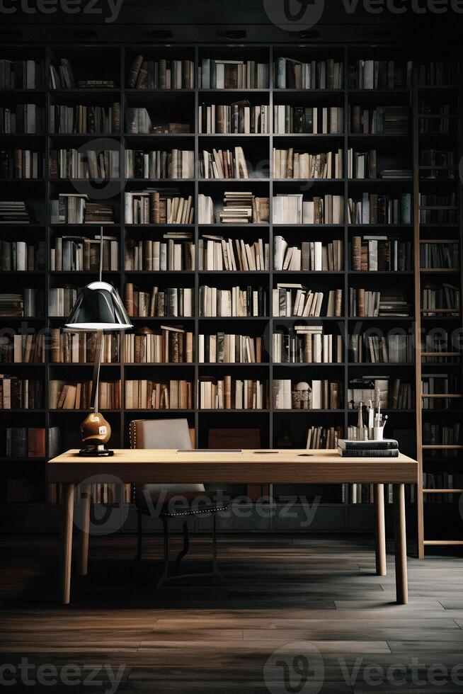 Sleek and Sophisticated A Contemporary Bookshelf with an Elegant Design, Showcasing a Photorealistic Backdrop of a Study Filled with Books photo