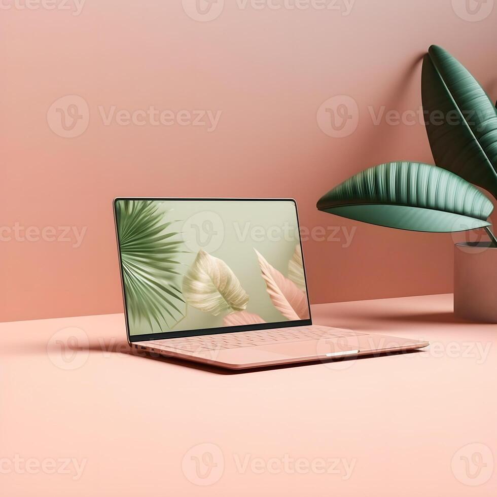 Sleek Laptop Mockup Trendy Background, High Quality and Realistic, Perfect for Marketing photo