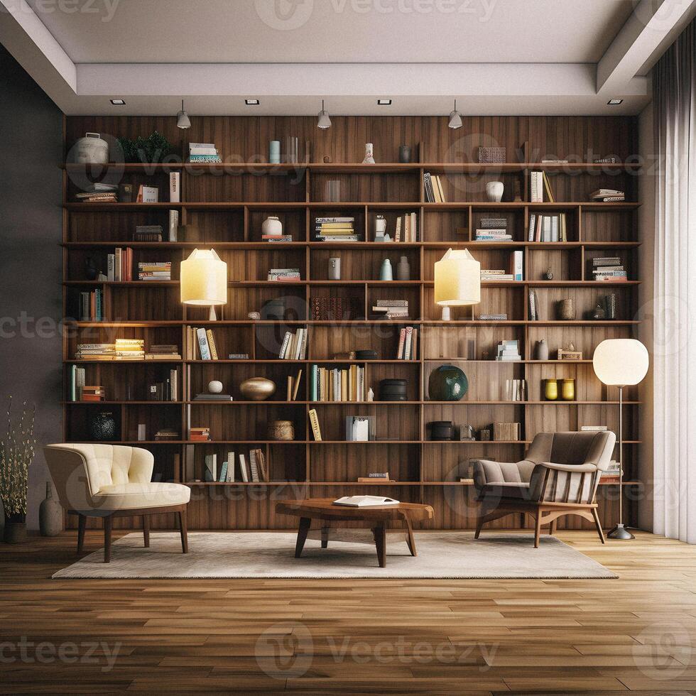Sleek and Sophisticated A Contemporary Bookshelf with an Elegant Design, Showcasing a Photorealistic Backdrop of a Study Filled with Books photo