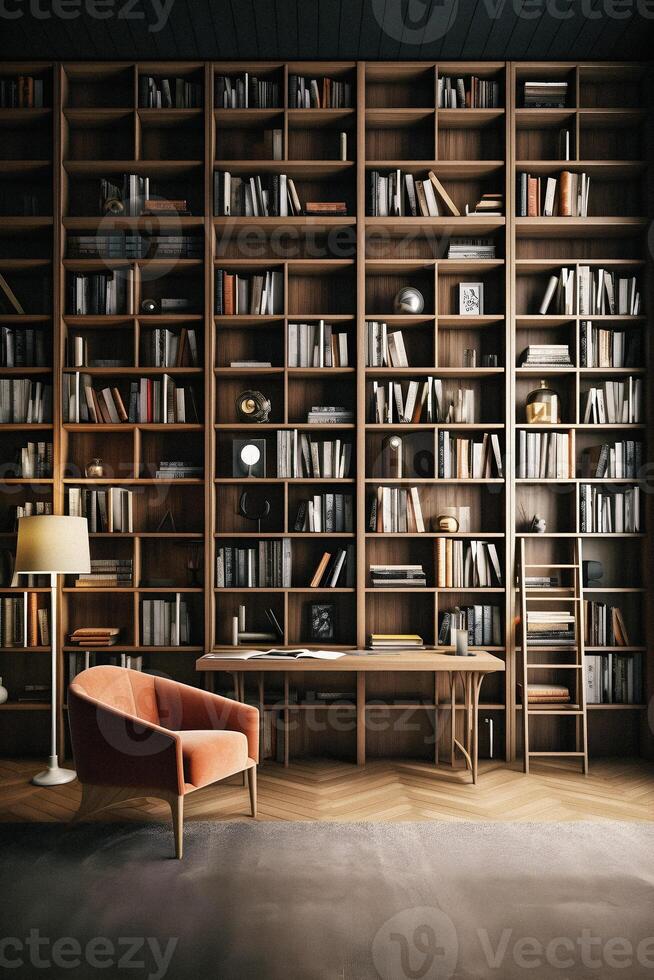 Sleek and Sophisticated A Contemporary Bookshelf with an Elegant Design, Showcasing a Photorealistic Backdrop of a Study Filled with Books photo