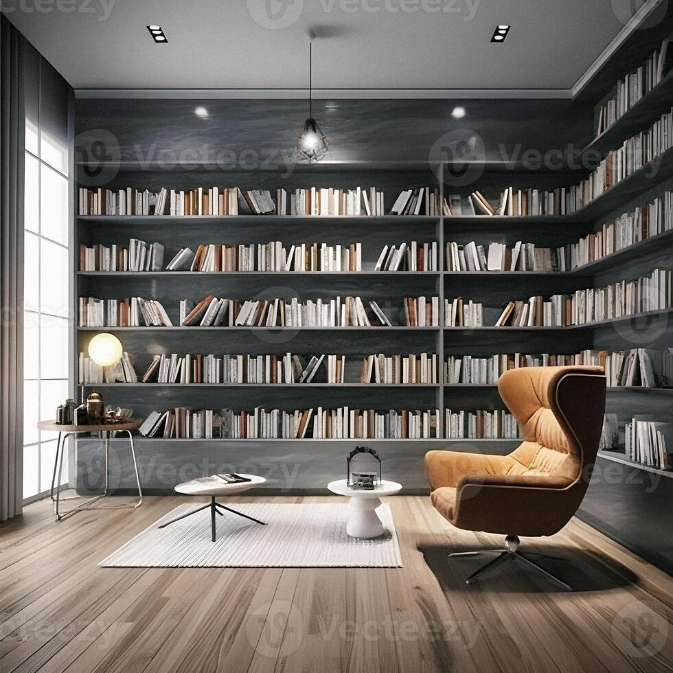 Sleek and Sophisticated A Contemporary Bookshelf with an Elegant Design, Showcasing a Photorealistic Backdrop of a Study Filled with Books photo