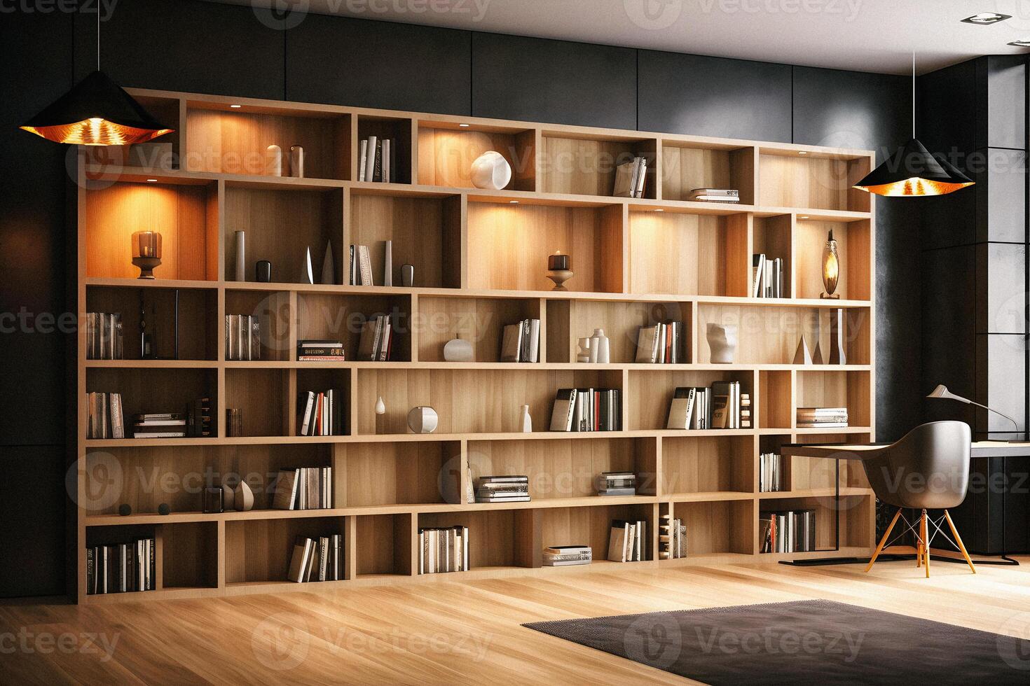 Sleek and Sophisticated A Contemporary Bookshelf with an Elegant Design, Showcasing a Photorealistic Backdrop of a Study Filled with Books photo