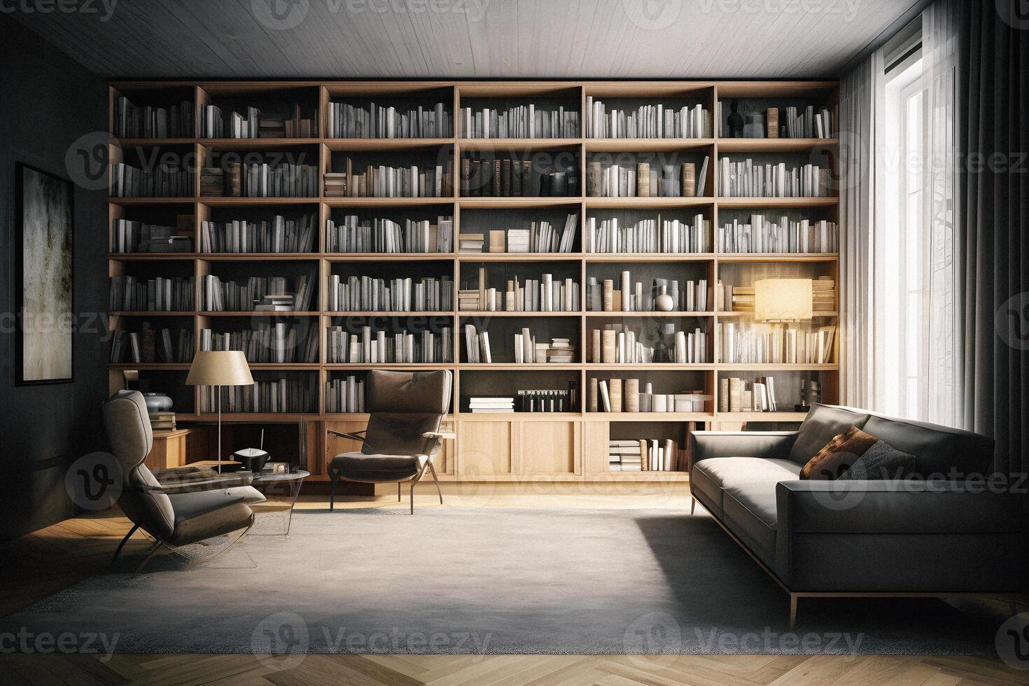 Sleek and Sophisticated A Contemporary Bookshelf with an Elegant Design, Showcasing a Photorealistic Backdrop of a Study Filled with Books photo