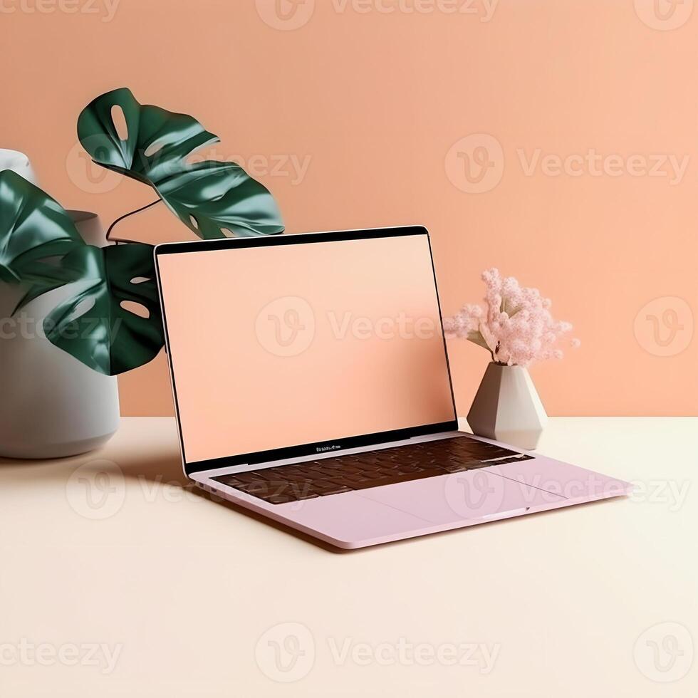 Sleek Laptop Mockup Trendy Background, High Quality and Realistic, Perfect for Marketing photo
