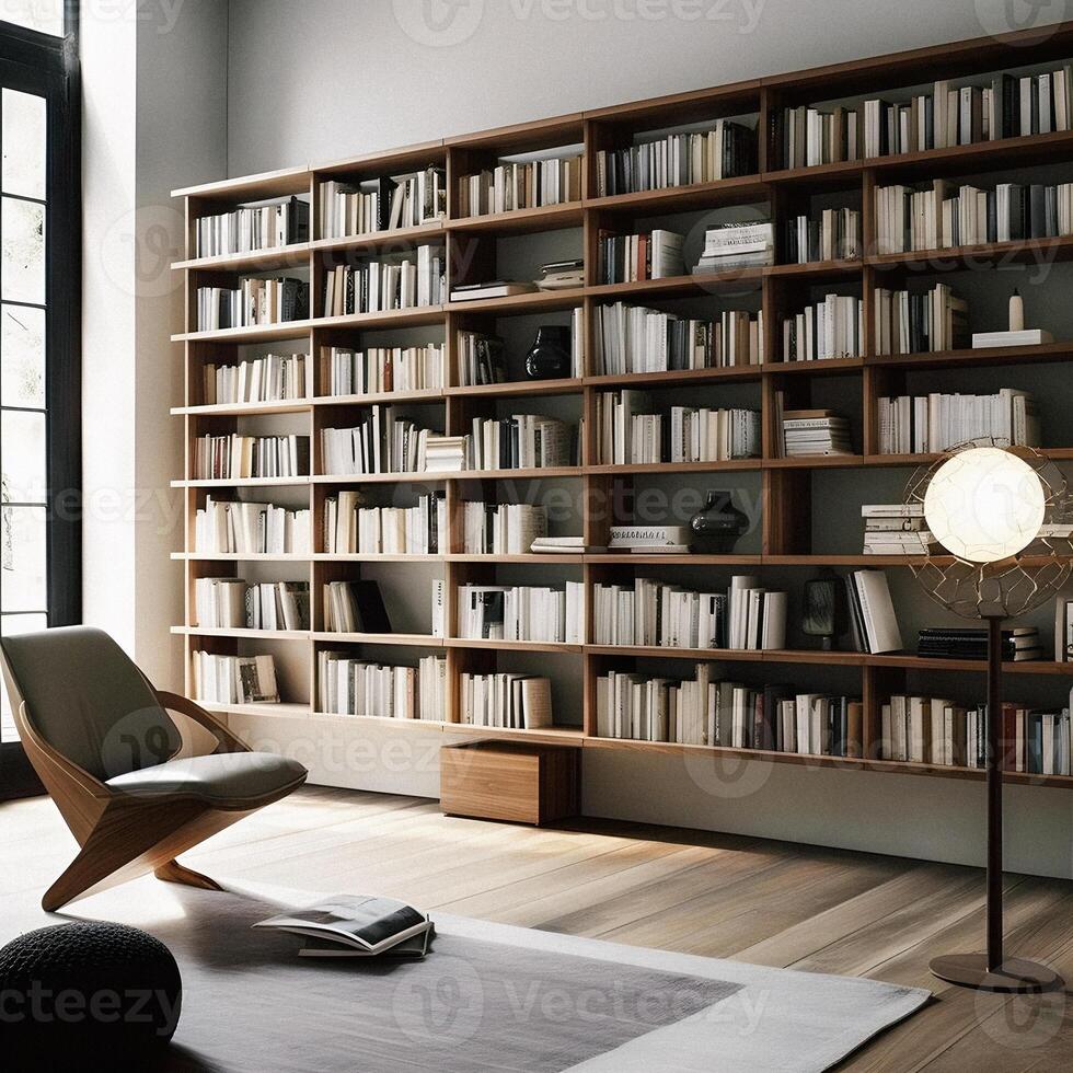 pulcro y sofisticado un contemporáneo estante para libros con un elegante diseño, exhibiendo un fotorrealista fondo de un estudiar lleno con libros generativo ai foto