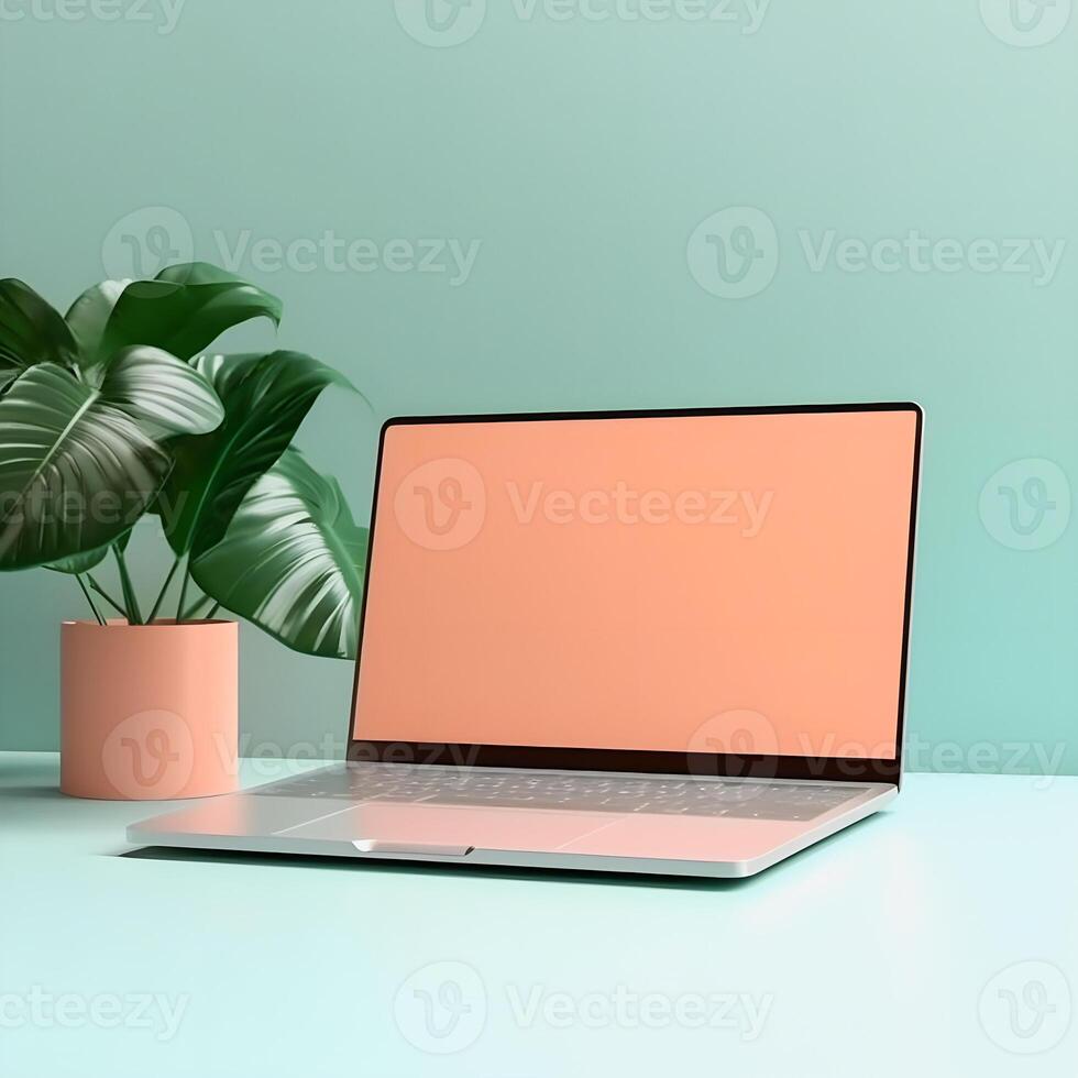 Sleek Laptop Mockup Trendy Background, High Quality and Realistic, Perfect for Marketing photo