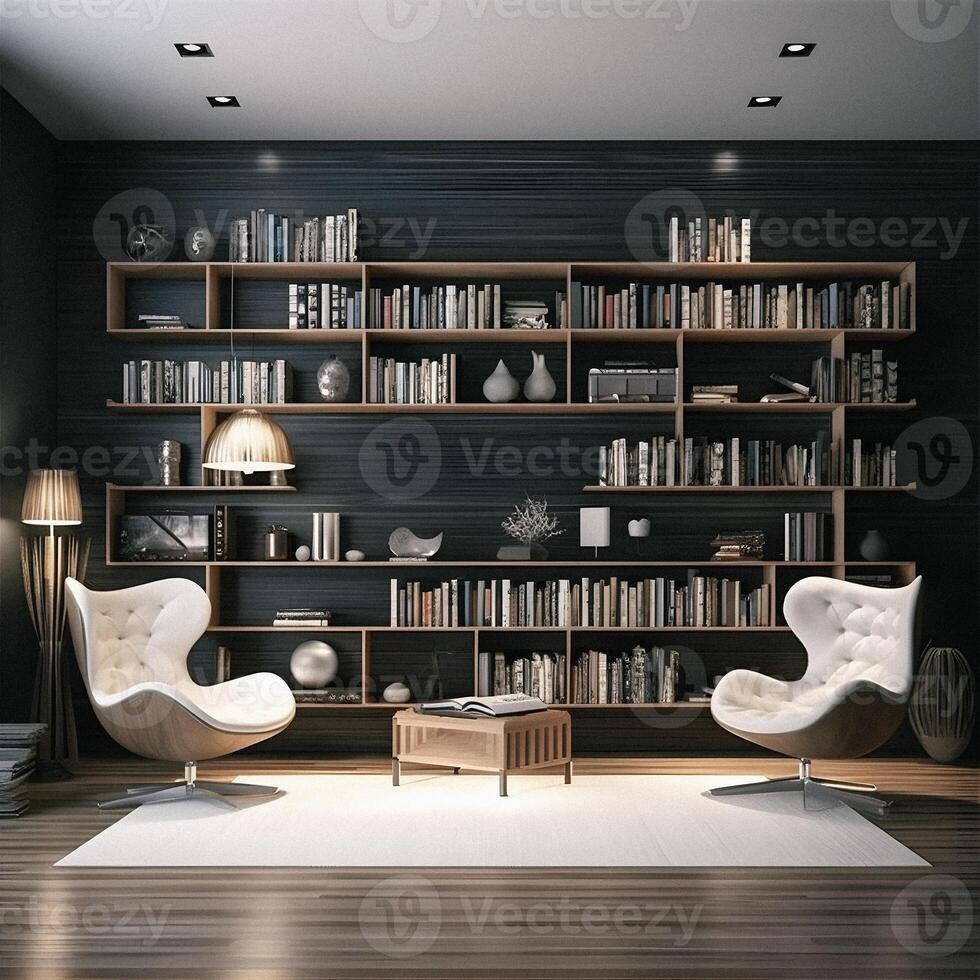 Sleek and Sophisticated A Contemporary Bookshelf with an Elegant Design, Showcasing a Photorealistic Backdrop of a Study Filled with Books photo