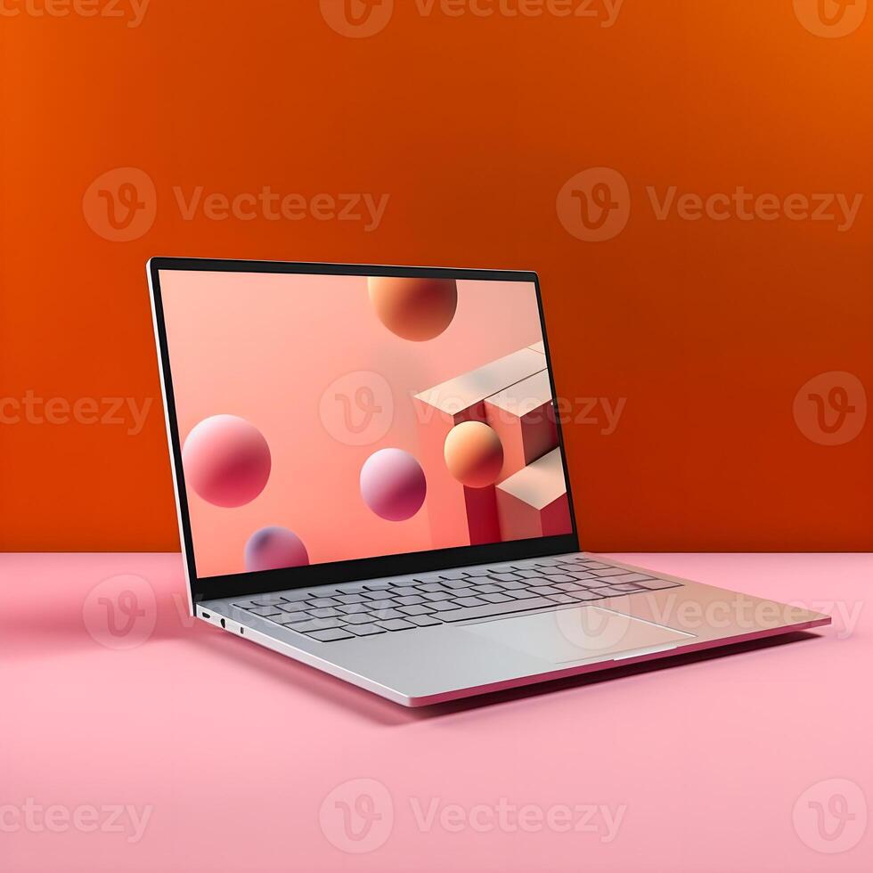 Sleek Laptop Mockup Trendy Background, High Quality and Realistic, Perfect for Marketing photo