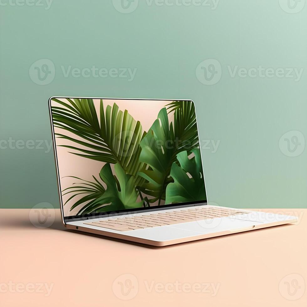 Sleek Laptop Mockup Trendy Background, High Quality and Realistic, Perfect for Marketing photo