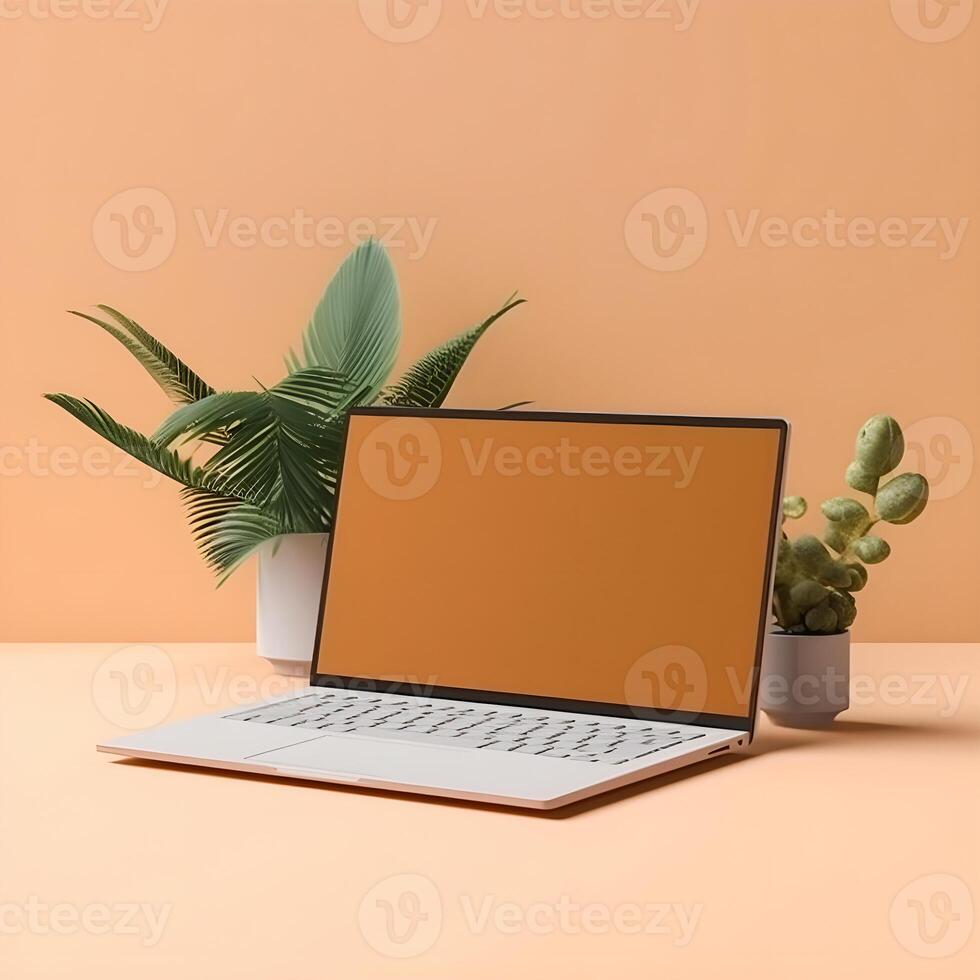 Sleek Laptop Mockup Trendy Background, High Quality and Realistic, Perfect for Marketing photo