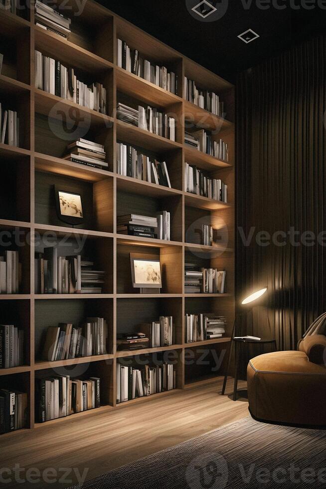 Sleek and Sophisticated A Contemporary Bookshelf with an Elegant Design, Showcasing a Photorealistic Backdrop of a Study Filled with Books photo