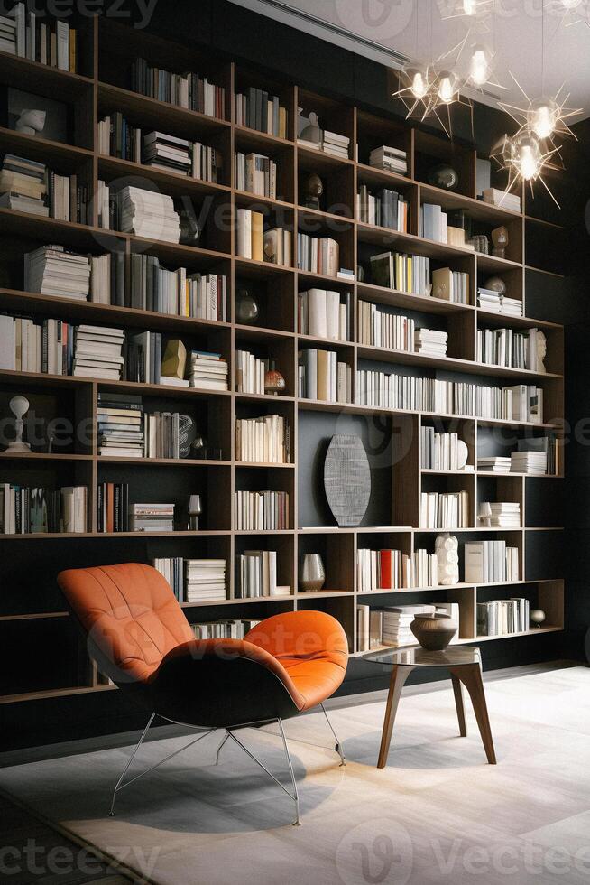 Sleek and Sophisticated A Contemporary Bookshelf with an Elegant Design, Showcasing a Photorealistic Backdrop of a Study Filled with Books photo