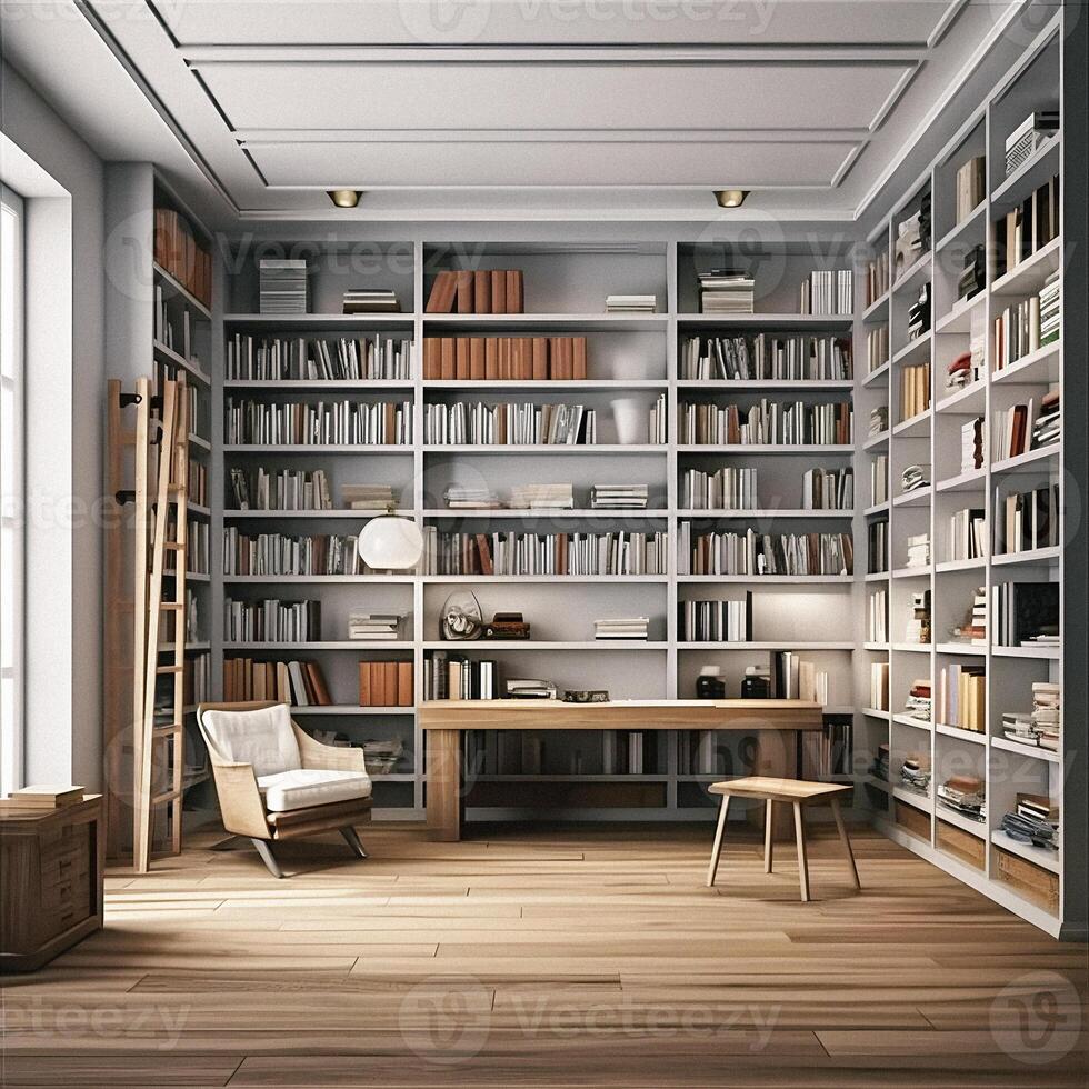 Sleek and Sophisticated A Contemporary Bookshelf with an Elegant Design, Showcasing a Photorealistic Backdrop of a Study Filled with Books photo