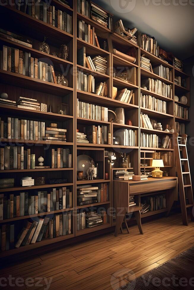 Sleek and Sophisticated A Contemporary Bookshelf with an Elegant Design, Showcasing a Photorealistic Backdrop of a Study Filled with Books photo