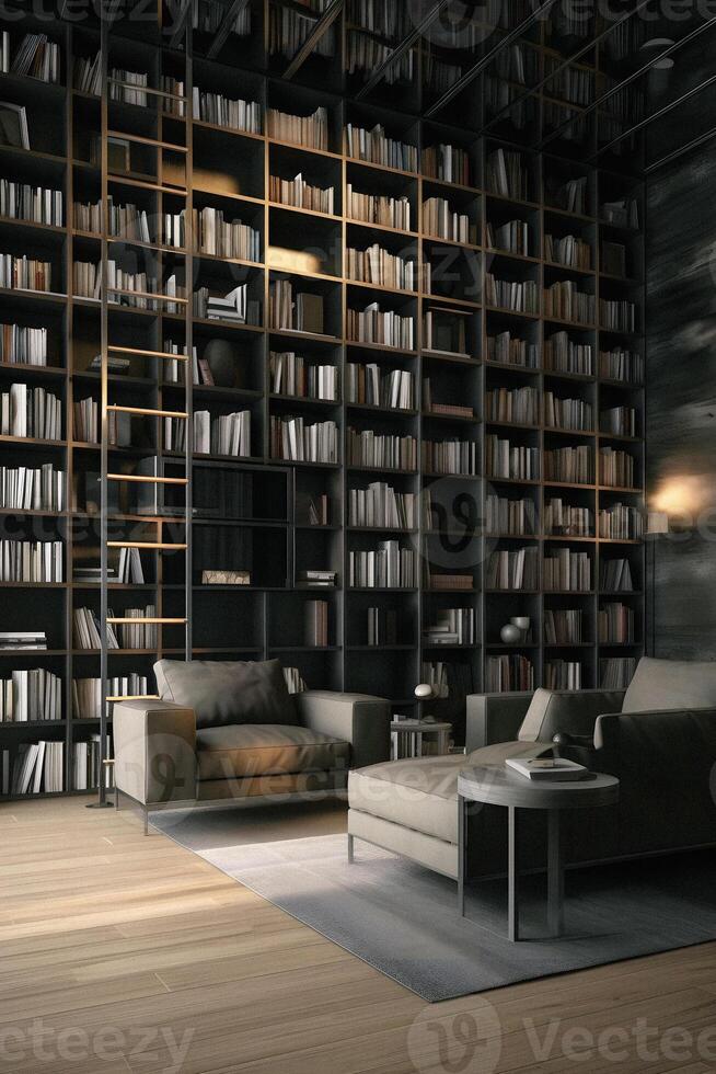 Sleek and Sophisticated A Contemporary Bookshelf with an Elegant Design, Showcasing a Photorealistic Backdrop of a Study Filled with Books photo