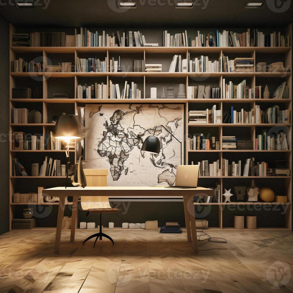 pulcro y sofisticado un contemporáneo estante para libros con un elegante diseño, exhibiendo un fotorrealista fondo de un estudiar lleno con libros generativo ai foto