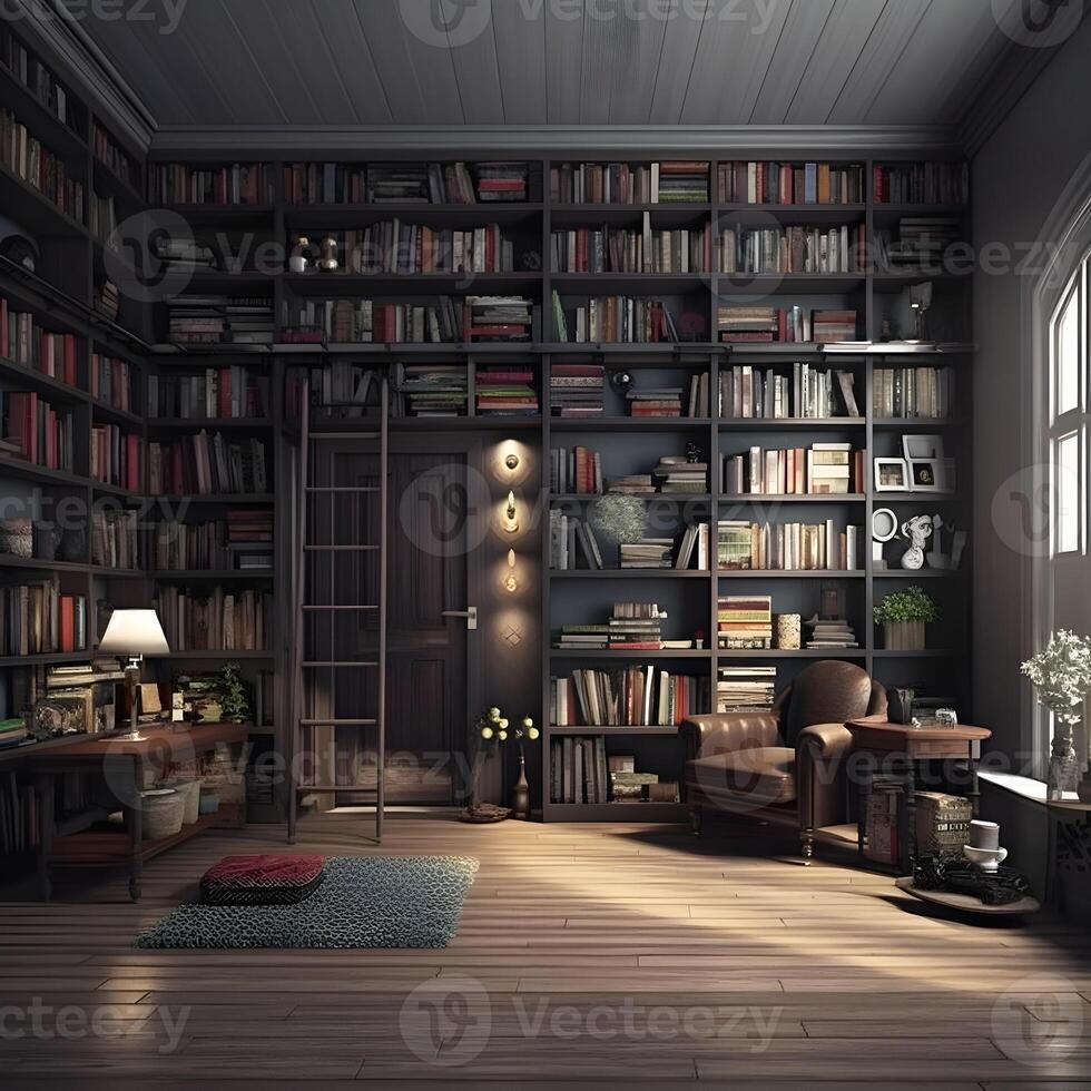 Sleek and Sophisticated A Contemporary Bookshelf with an Elegant Design, Showcasing a Photorealistic Backdrop of a Study Filled with Books photo