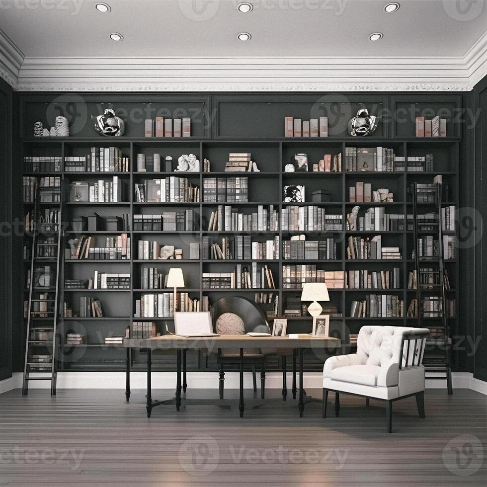 Sleek and Sophisticated A Contemporary Bookshelf with an Elegant Design, Showcasing a Photorealistic Backdrop of a Study Filled with Books photo