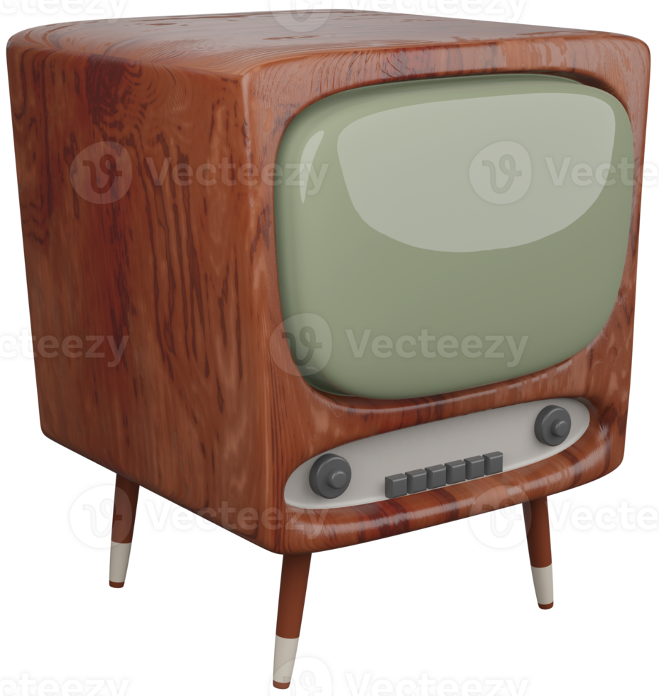 3d illustratie geven model- van oud TV in bruin houten geval Aan poten Aan transparant achtergrond png