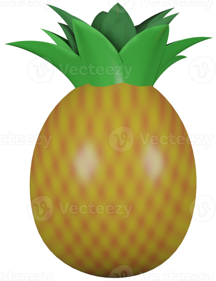 3D illustration render yellow pineapple fruit with green leaves on transparent background png