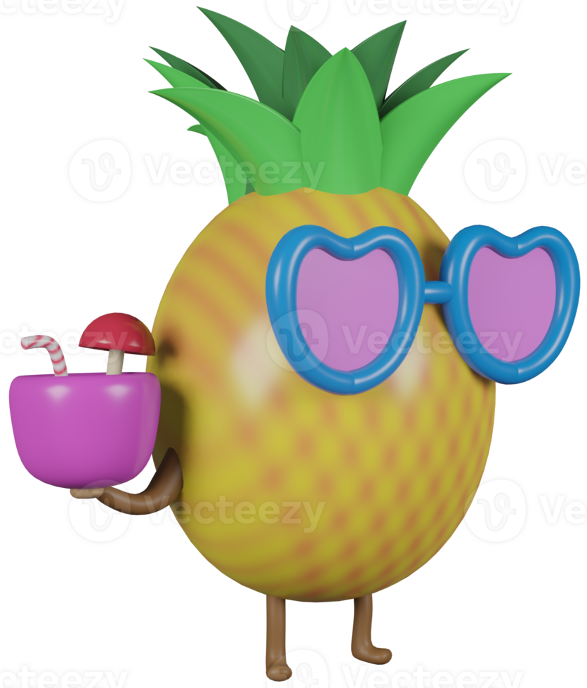 3d illustratie geven karakter geel fruit ananas in zonnebril met cocktail Aan transparant achtergrond png