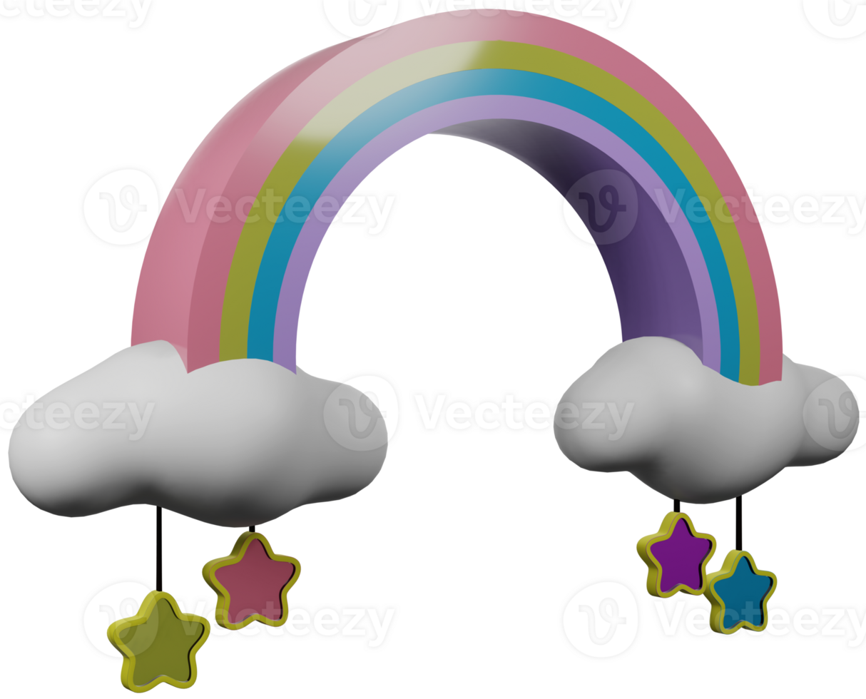 3D illustration render rainbow in clouds toy multicolored on transparent background png