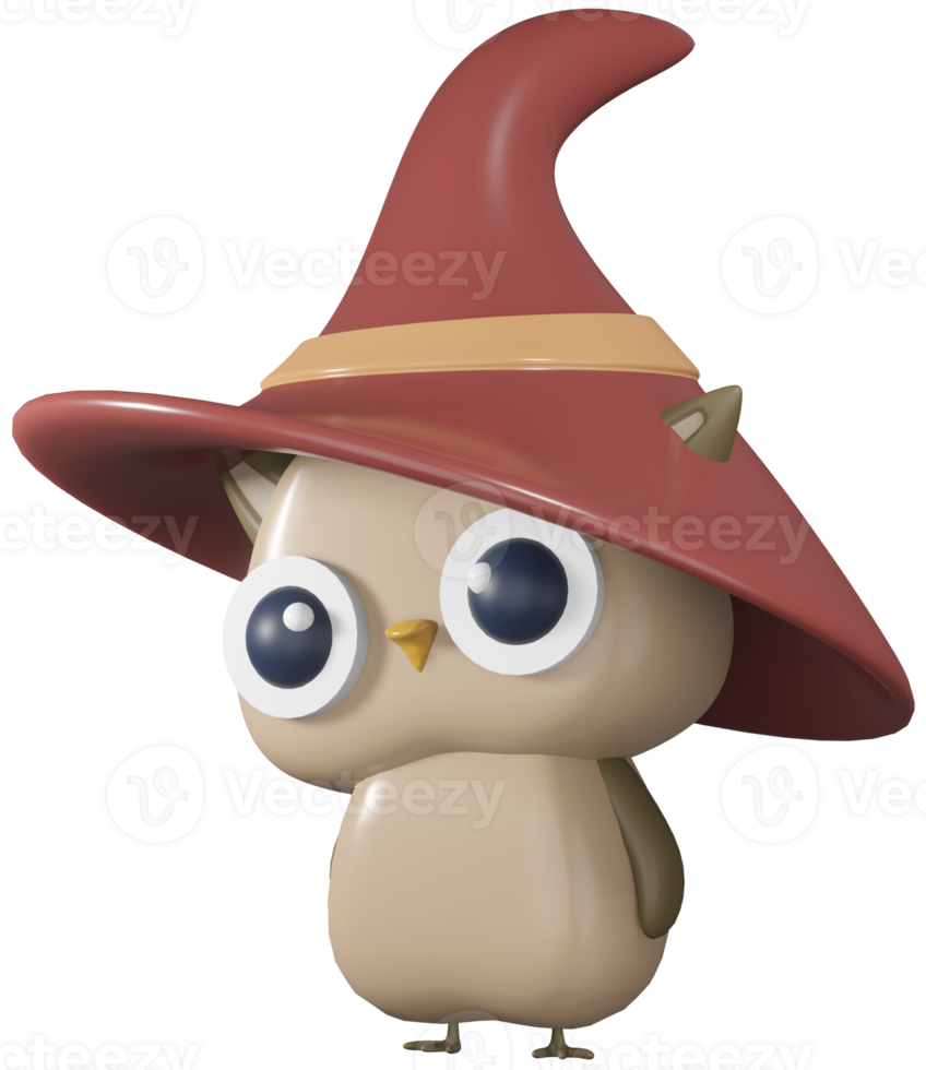 3D illustration render character bird beige owl in brown hat on transparent background png