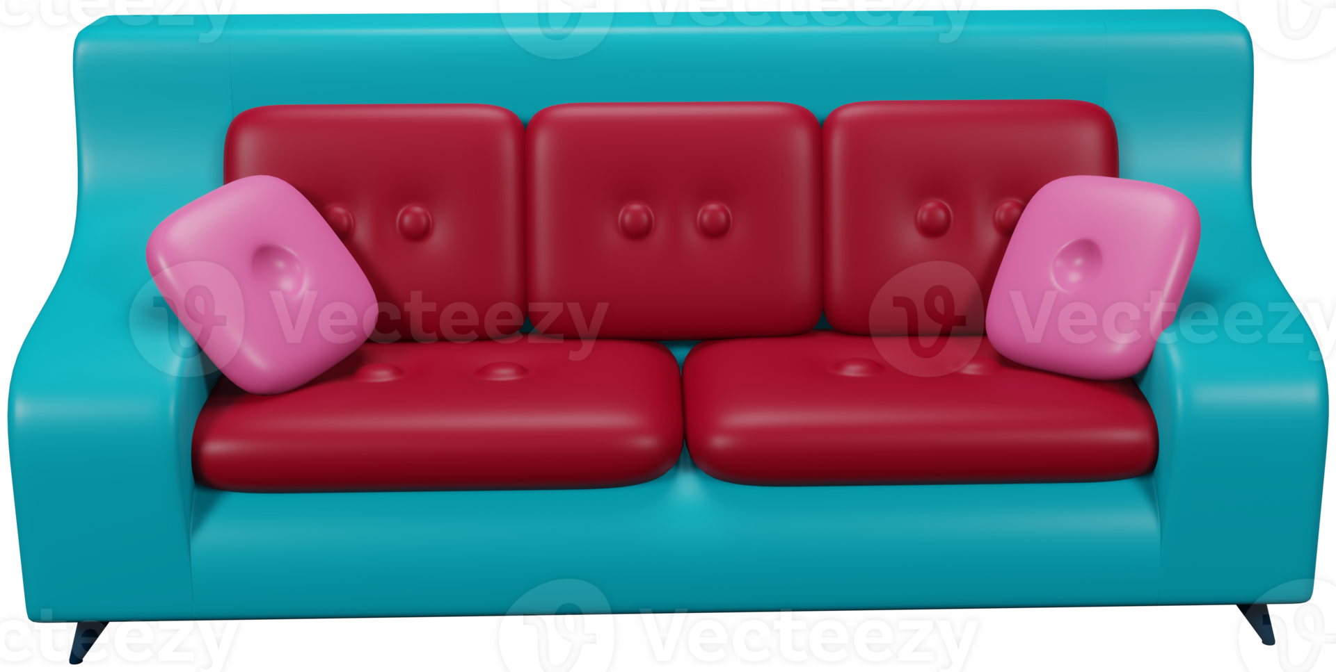 3D illustration render furniture sofa red blue with cushions on transparent background png